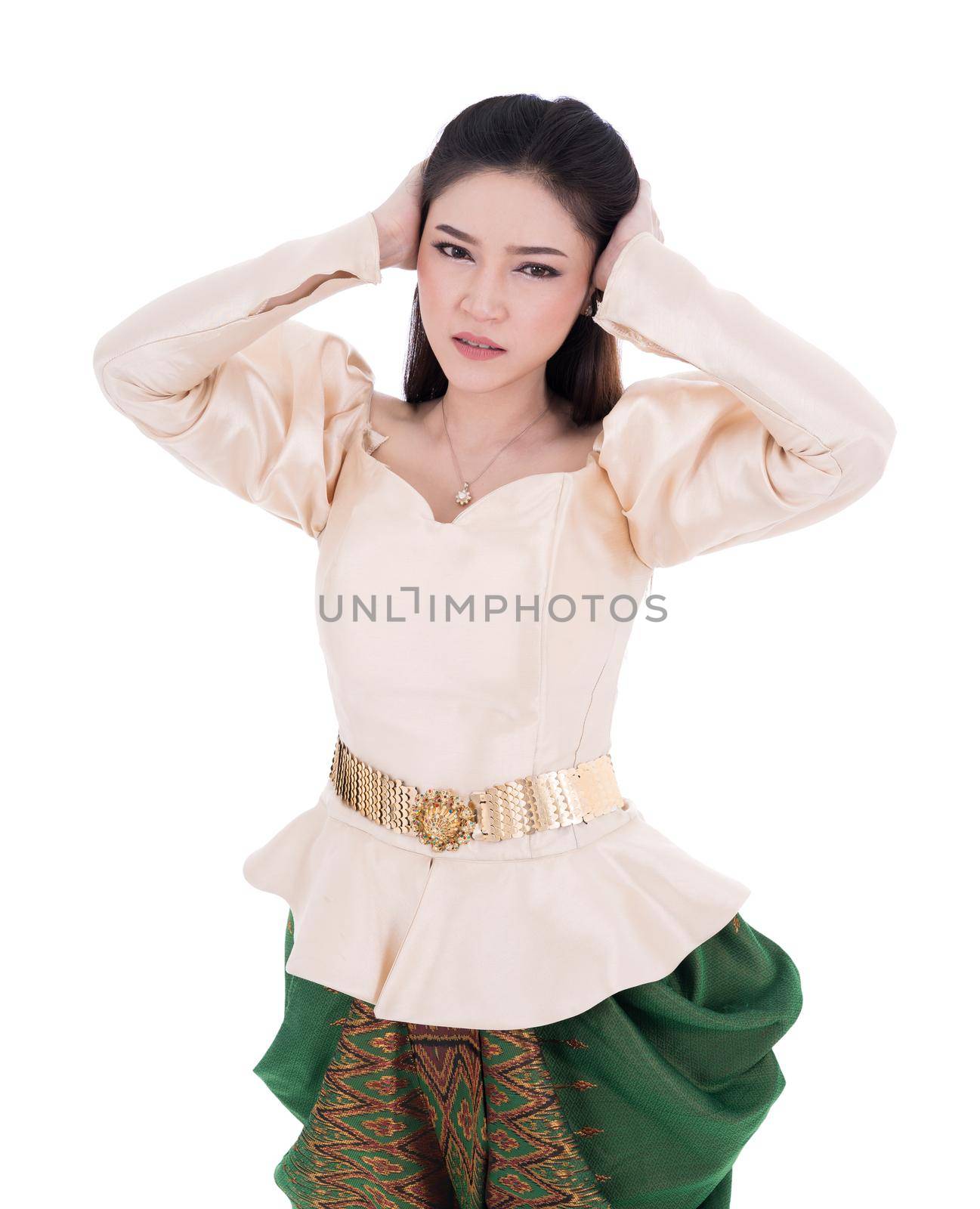 Depressed woman in Thai traditional dress isolated on white  by geargodz