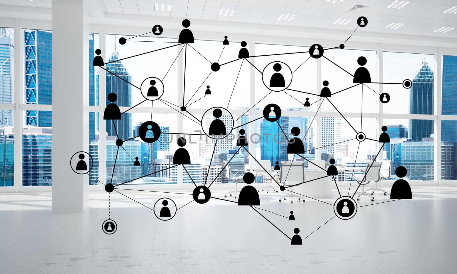Lines connected with dots as social communication concept in office interior. 3D rendering