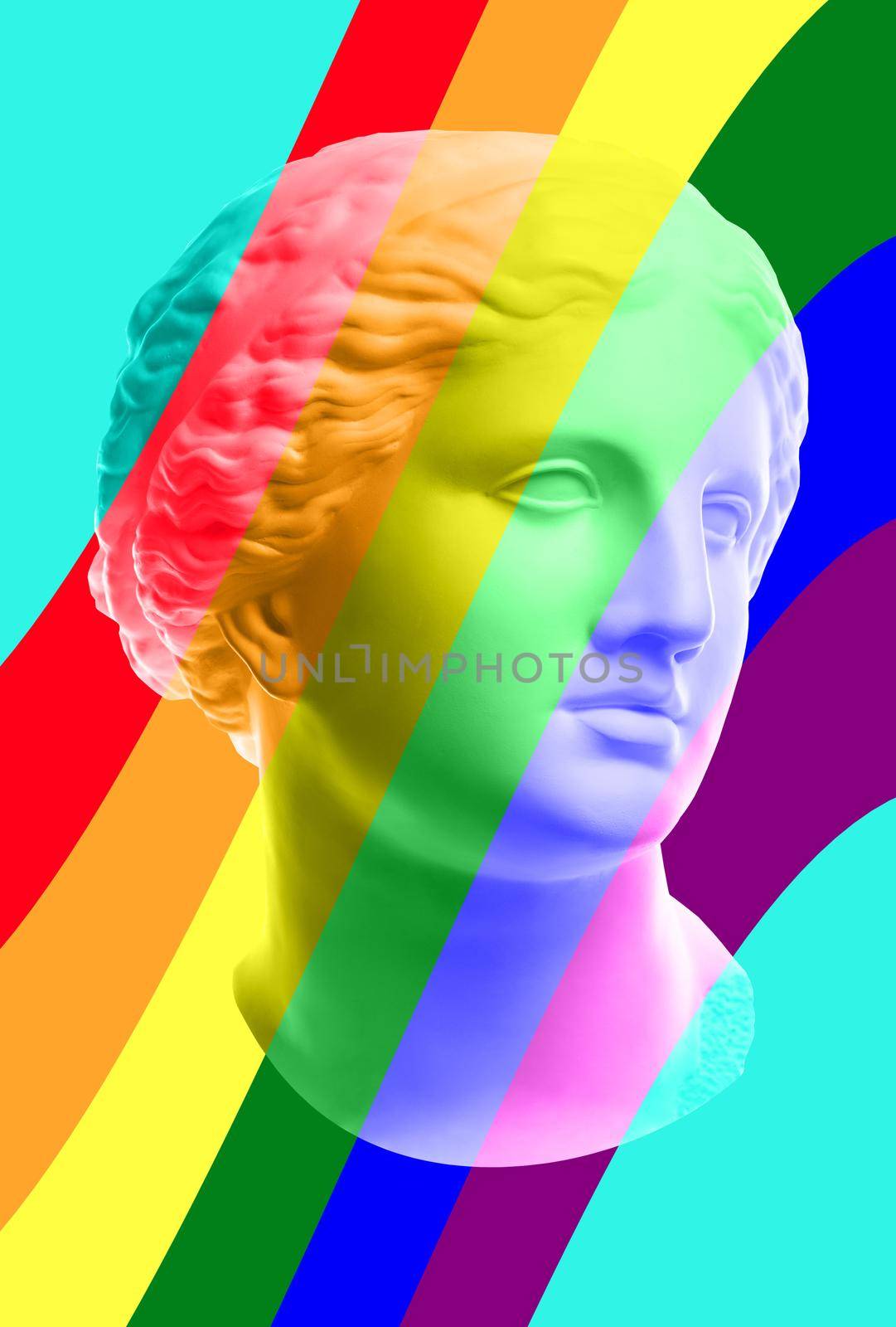 Collage with plaster antique sculpture of human face in a pop art style. Creative concept colorful neon image with ancient statue head. Zine culture. Cyberpunk, webpunk and surreal style poster. by bashta
