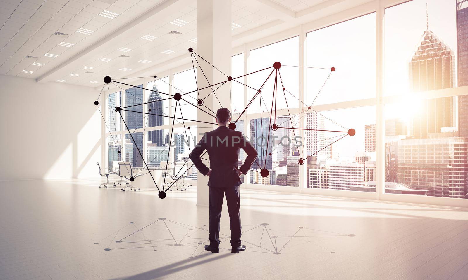 Elegant businessman in modern office interior and social connection concept. Mixed media
