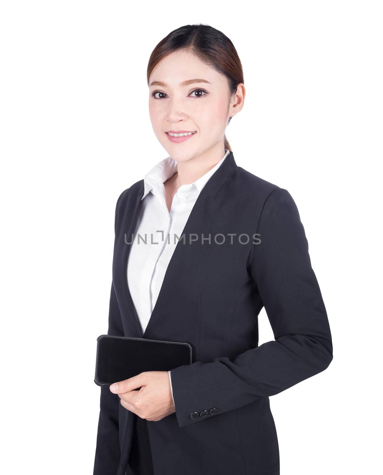 business woman holding smart mobile phone isolated on white background