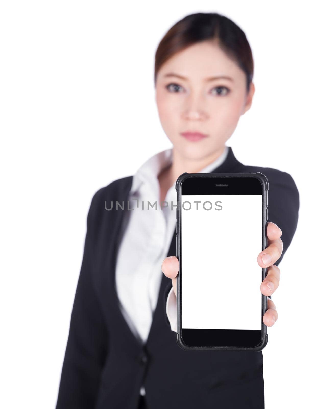 business woman holding and showing blank screen mobile phone isolated on white background