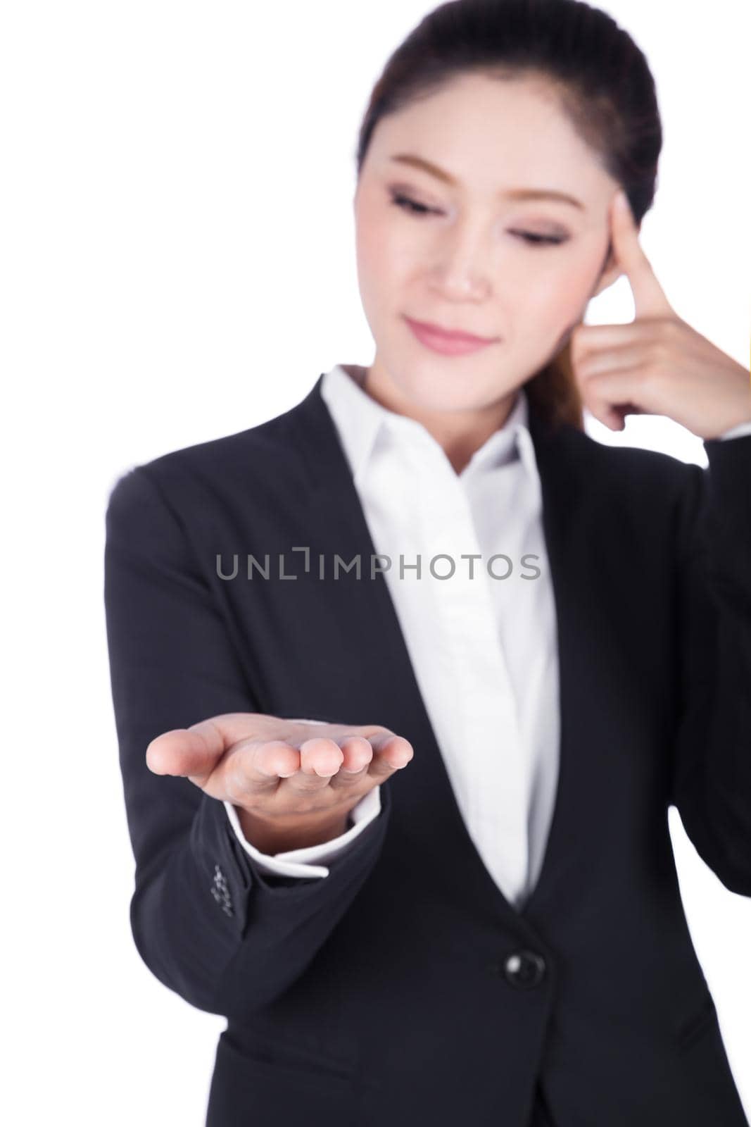 business woman open hand holding something and thinking  by geargodz