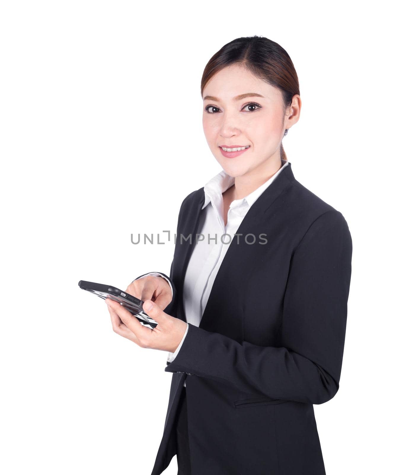 business woman using smart phone isolated on white background