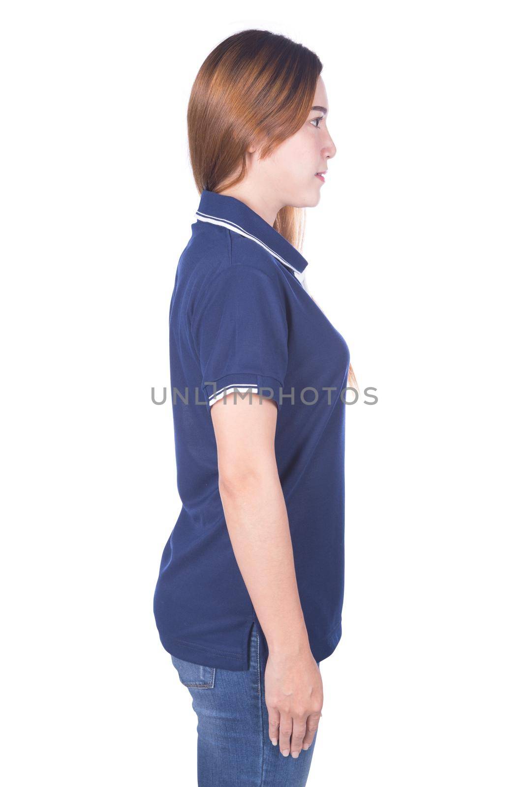 woman in blue polo shirt isolated on a white background (side view)