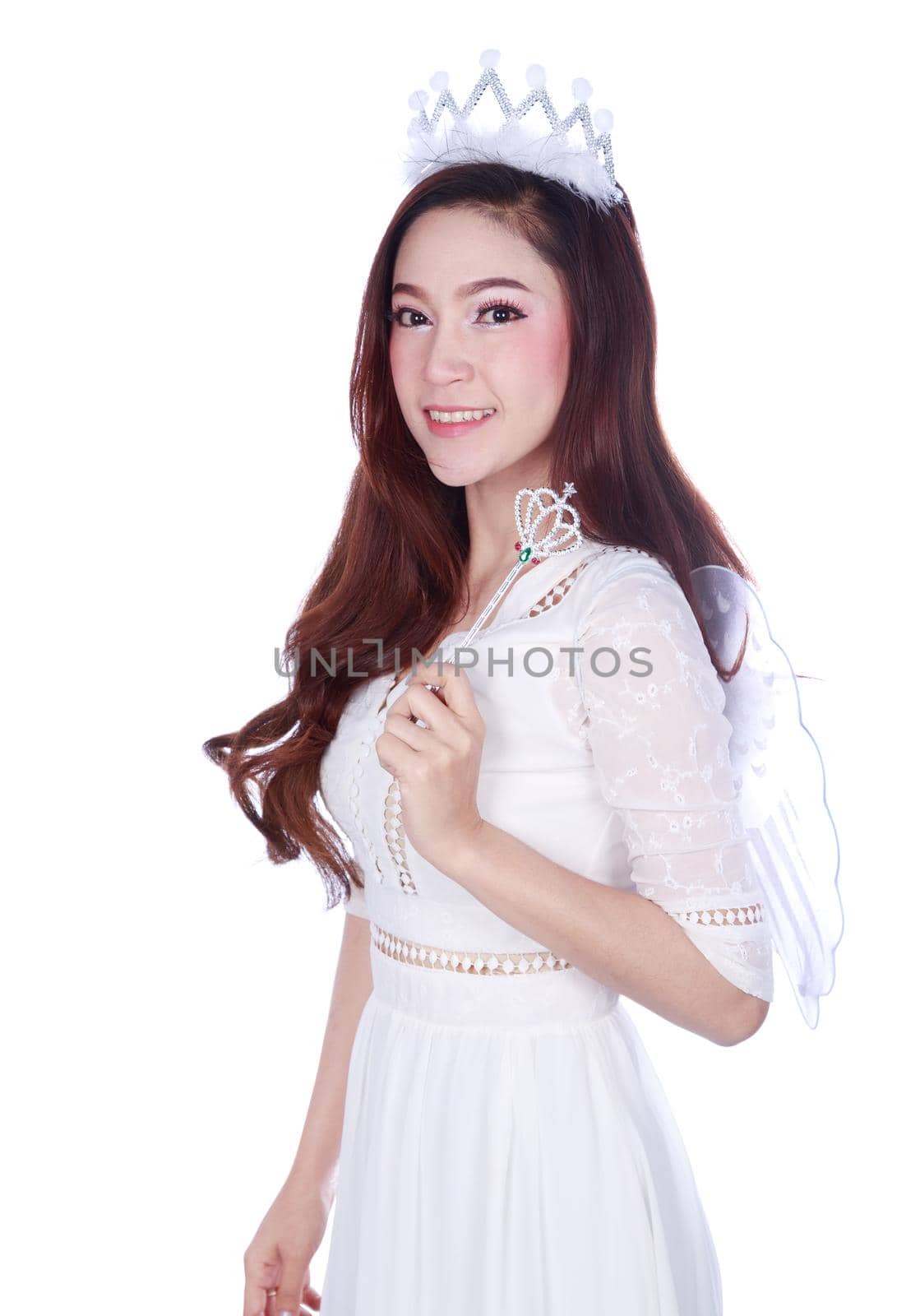 portrait of beautiful young woman angel isolated on a white background