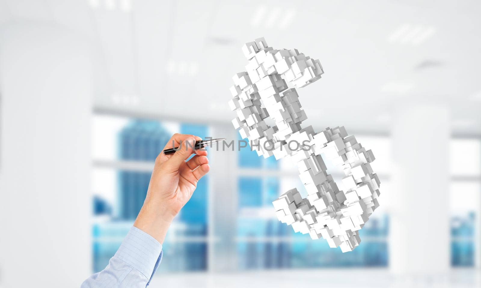 Close up of businessman drawing white dollar symbol with pen. Mixed media
