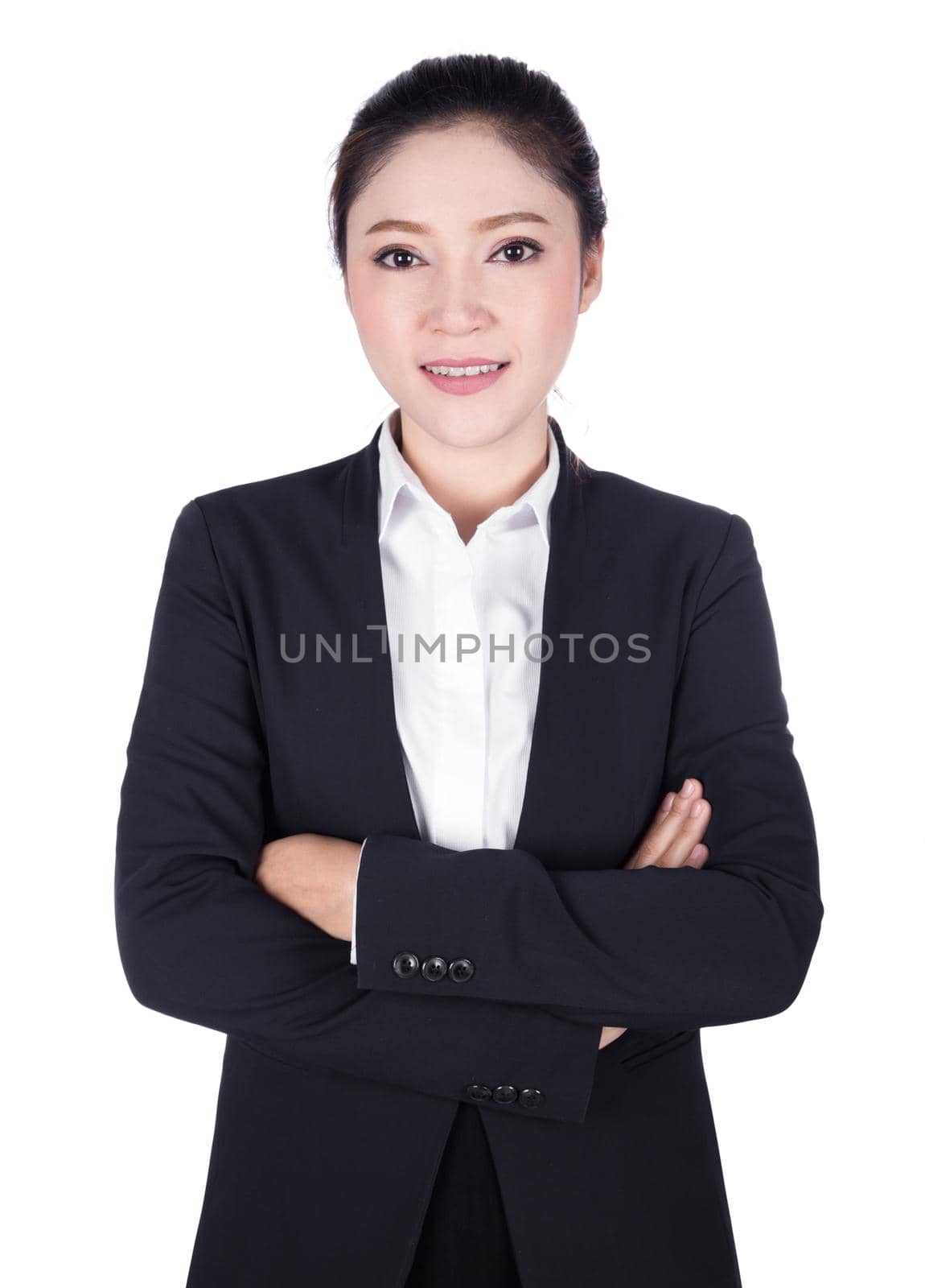 portrait business woman in suit. Crossed arms. isolated on white background