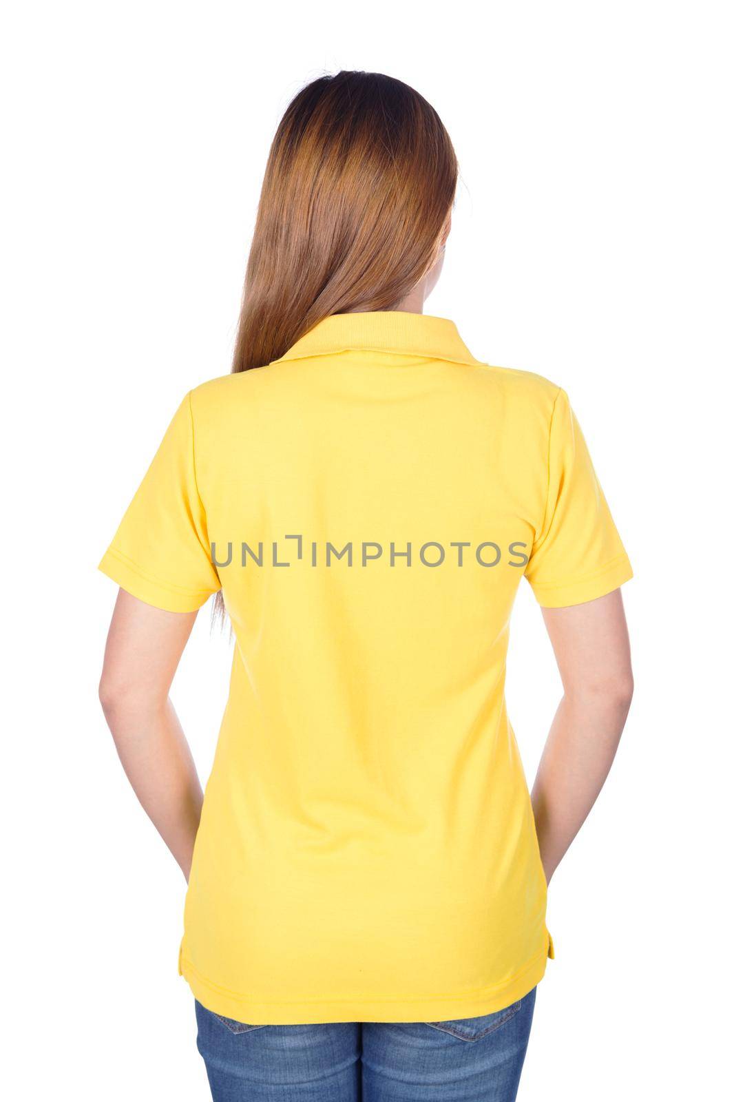 woman in yellow polo shirt isolated on white background (back side) by geargodz