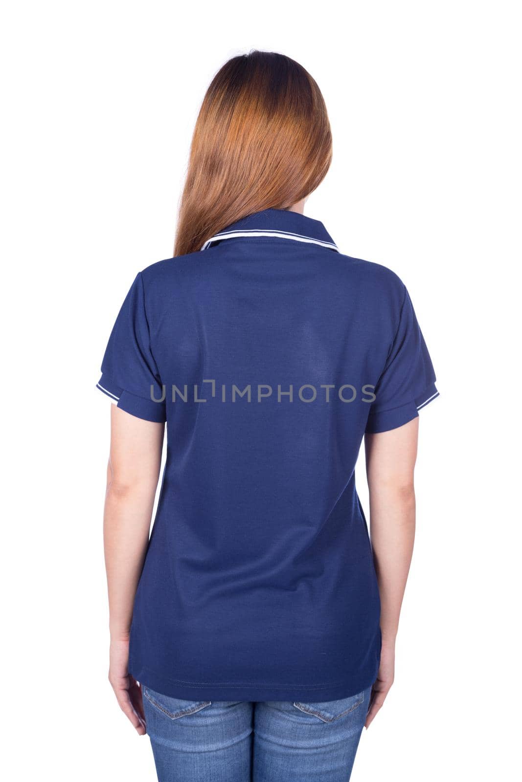 woman in blue polo shirt isolated on white background (back side) by geargodz