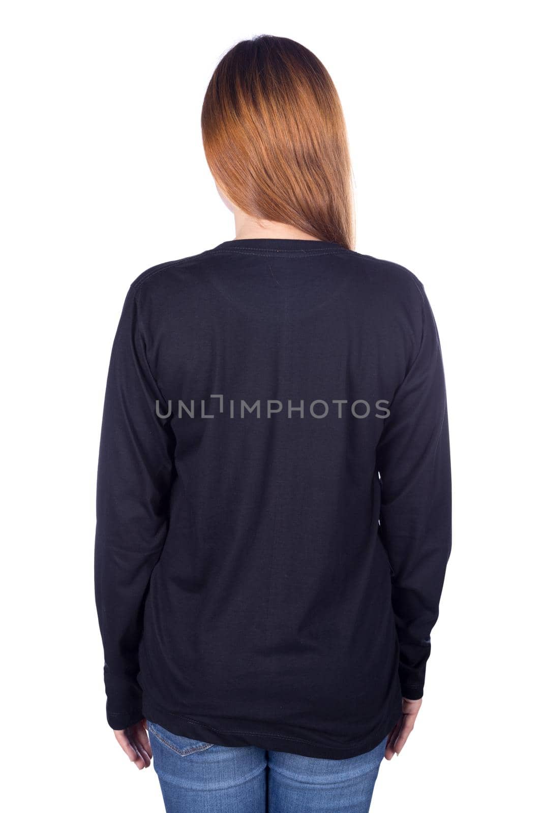 woman in black long sleeve t-shirt isolated on a white background (back side)