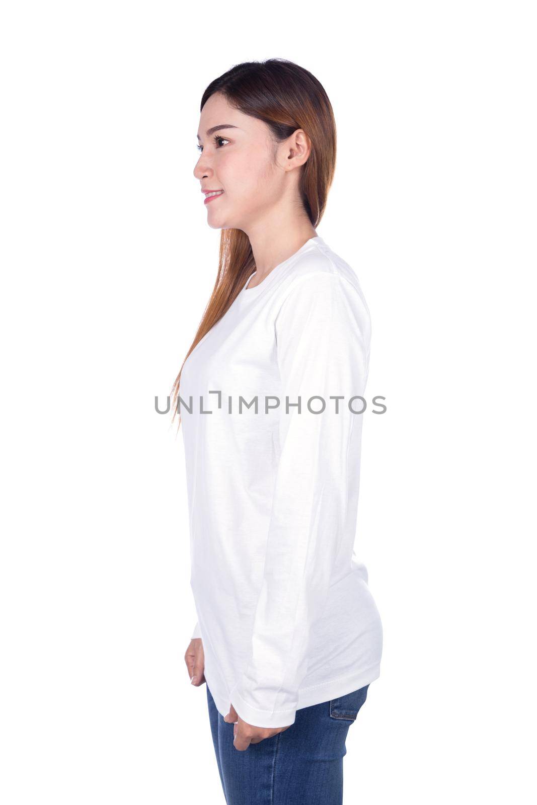 woman in white long sleeve t-shirt isolated on white background (side view) by geargodz