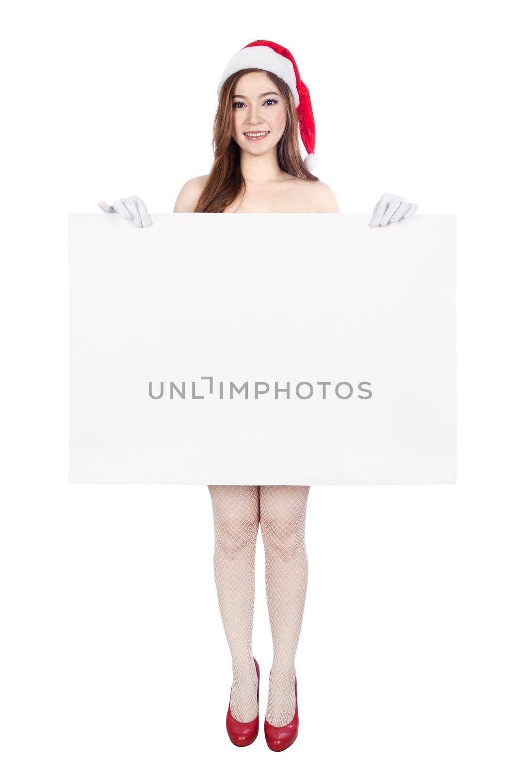 beautiful sexy woman wearing santa claus clothes with blank sign isolated on white background