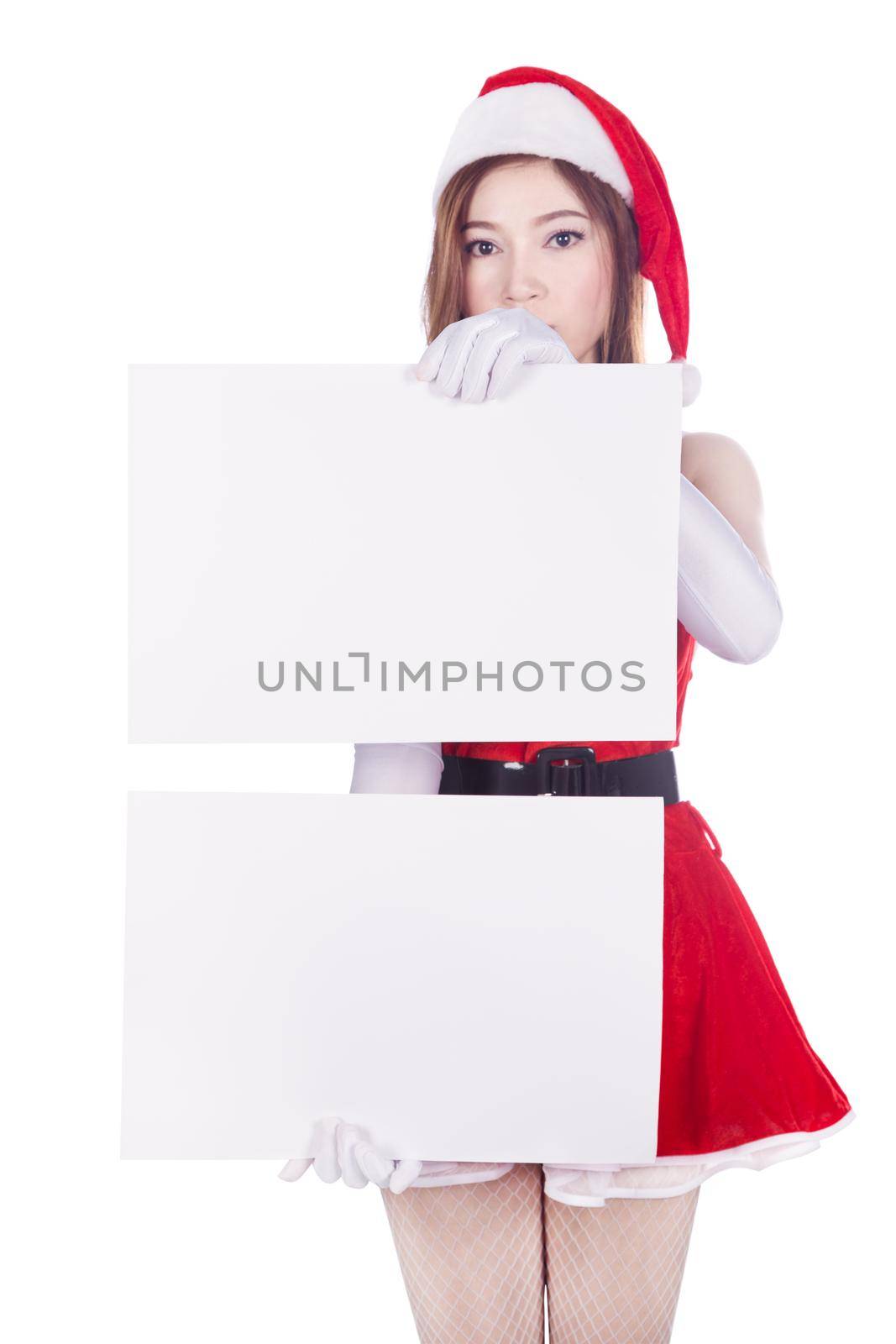 beautiful sexy woman wearing santa claus clothes with blank sign on white background by geargodz