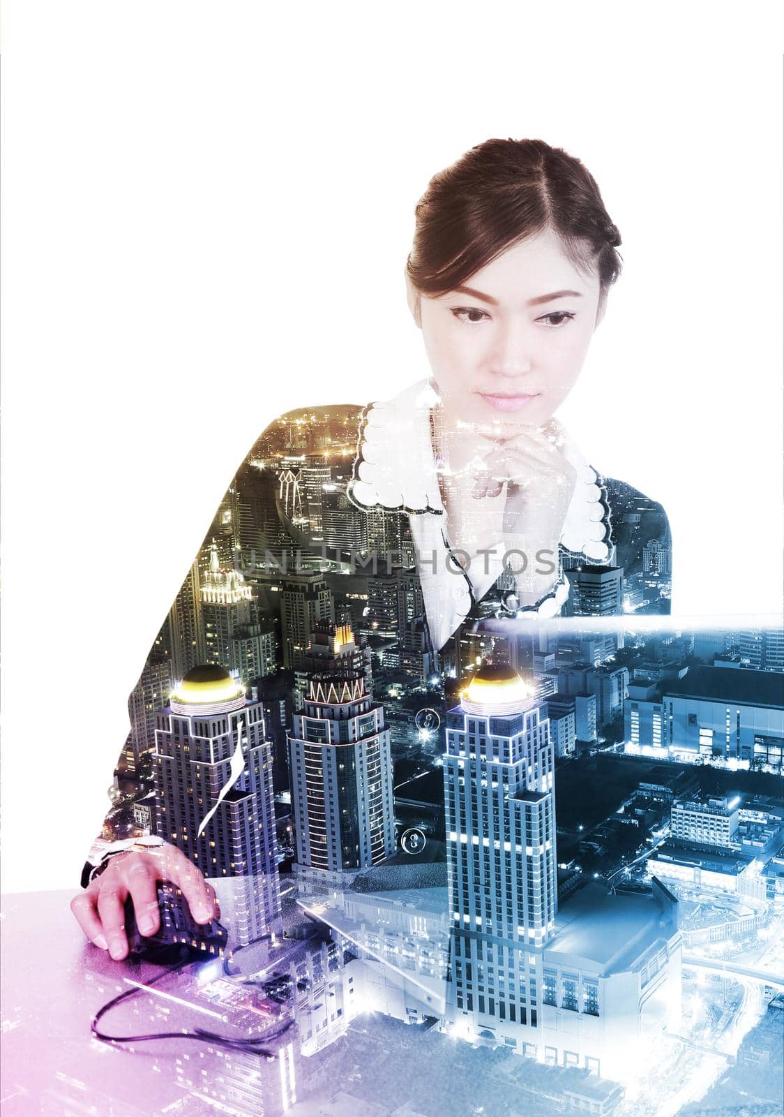 Double exposure of business woman working with laptop against the city isolated on white background