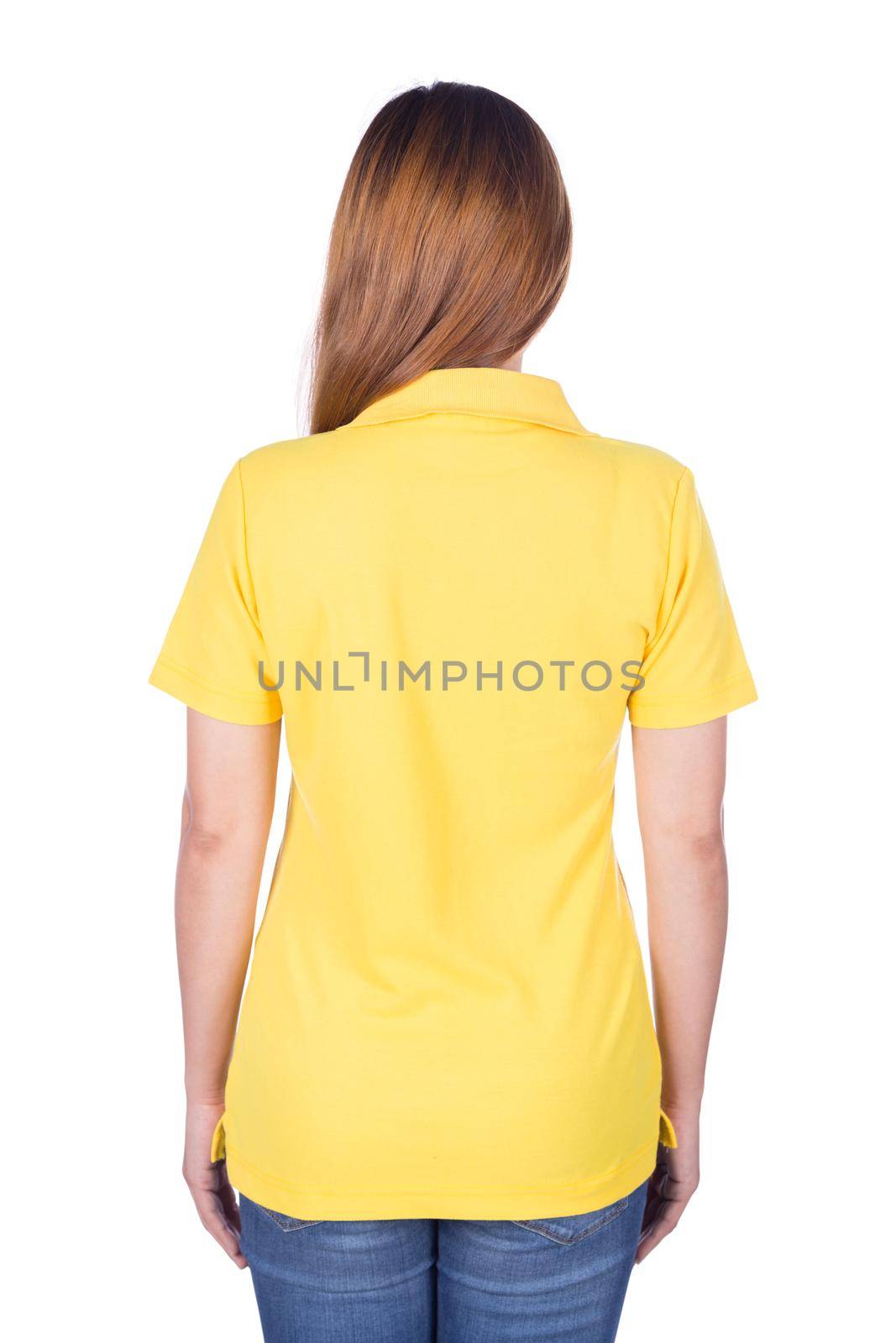 woman in yellow polo shirt isolated on a white background (back side)