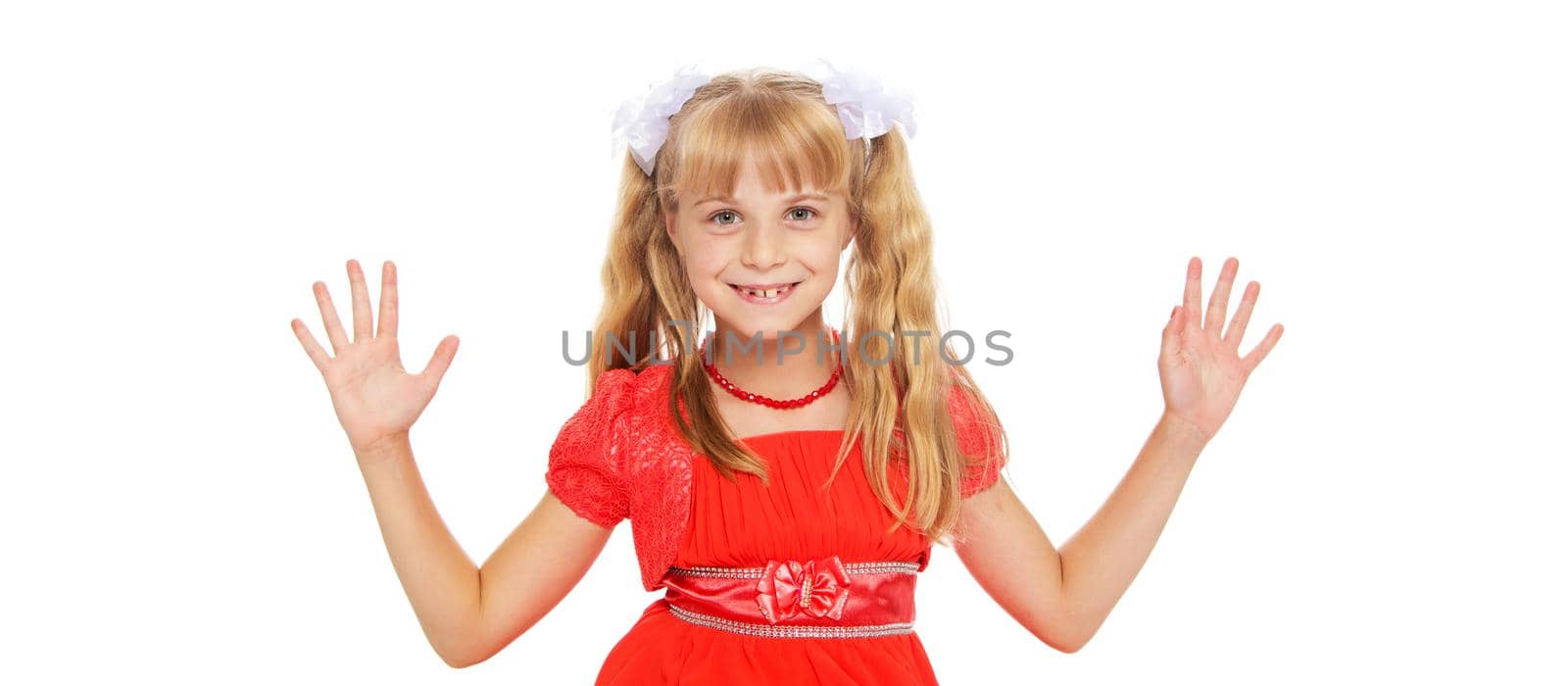 Beautiful little girl close-up. The concept of beauty and fashion, happy childhood. Isolated on white background.