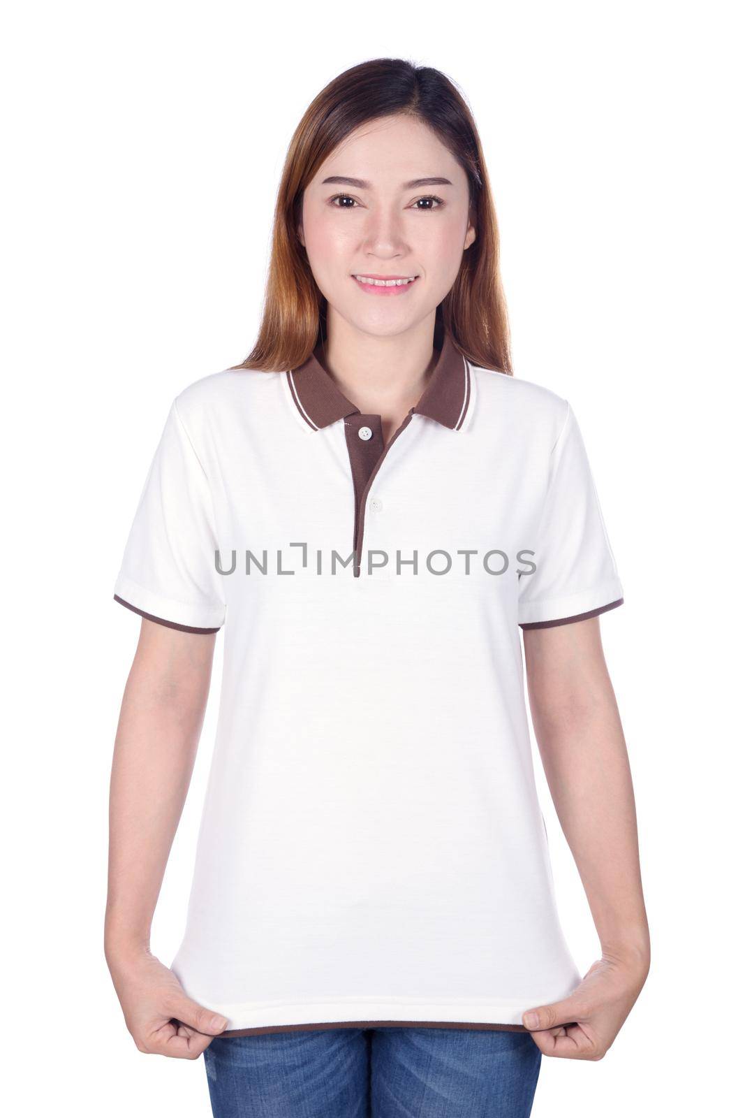 happy woman in white polo shirt isolated on white background