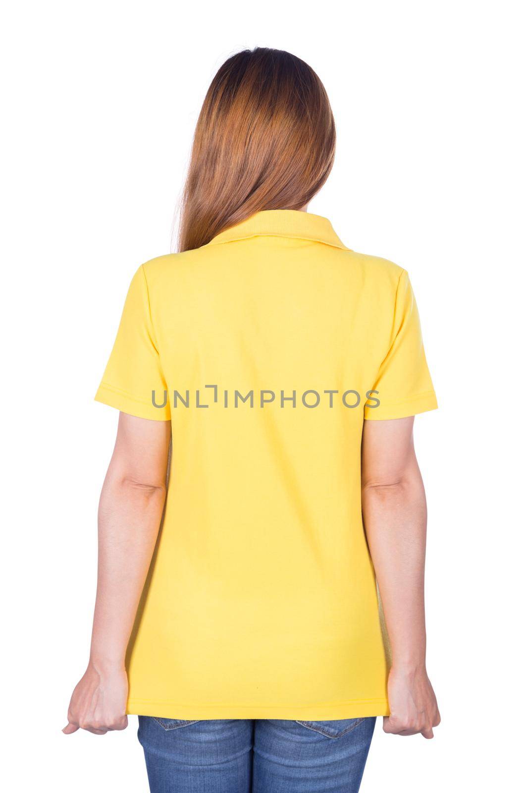 woman in yellow polo shirt isolated on a white background (back side)