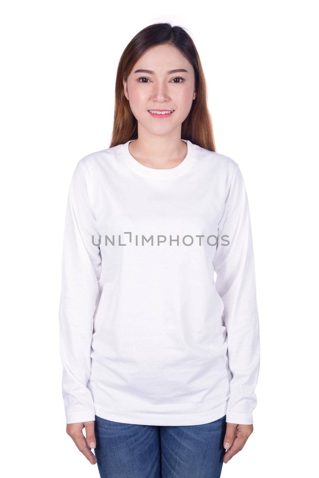 happy woman in white long sleeve t-shirt isolated on a white background by geargodz