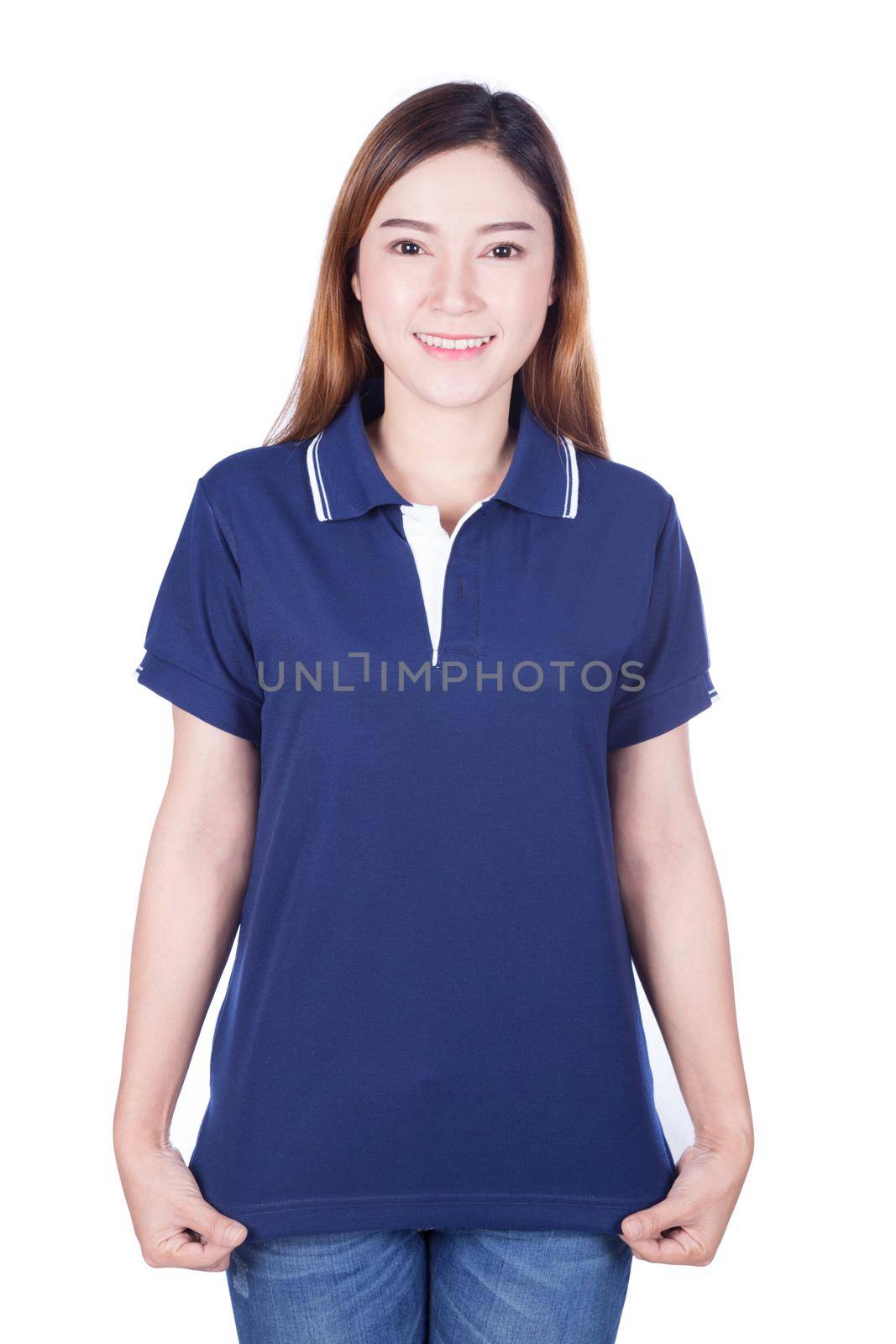 woman in blue polo shirt isolated on white background by geargodz