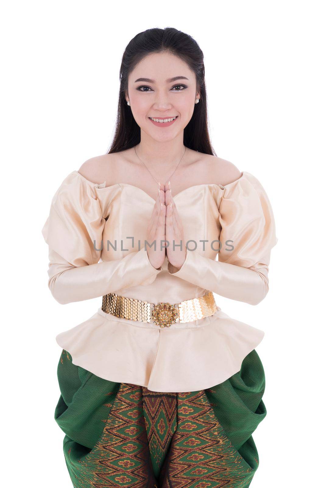 woman in Thai traditional dress is pay respect isolated on white background by geargodz