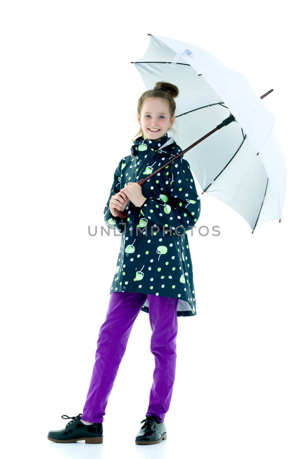 Beautiful little girl with umbrella. Concept of weather, climate change. Isolated on white background