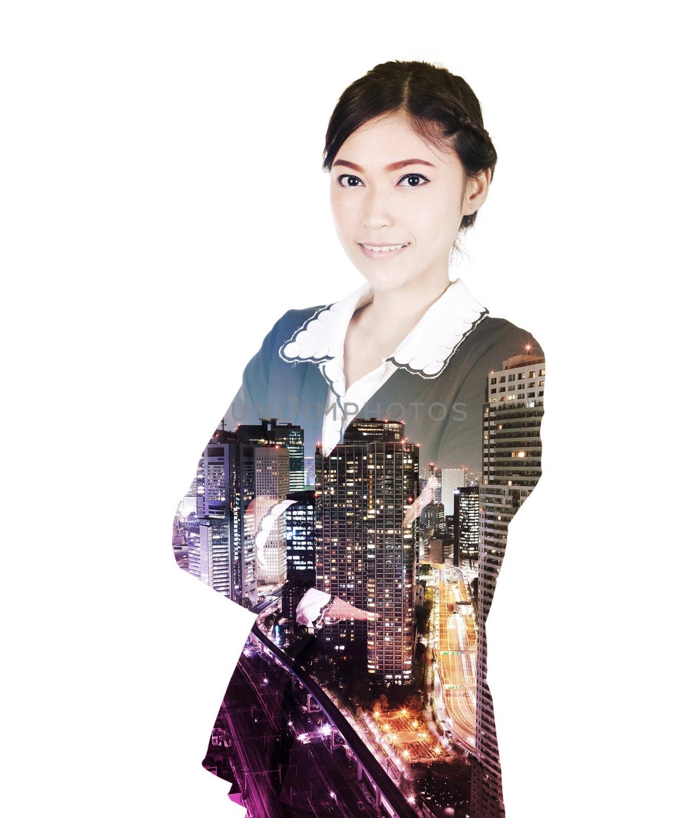 Double exposure of business woman standing with her arms crossed against the city isolated on white  by geargodz