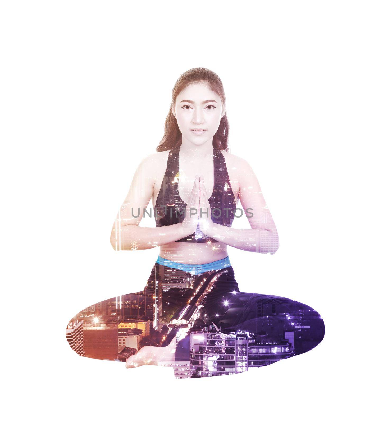 Double exposure of yoga woman against the city isolated on white background