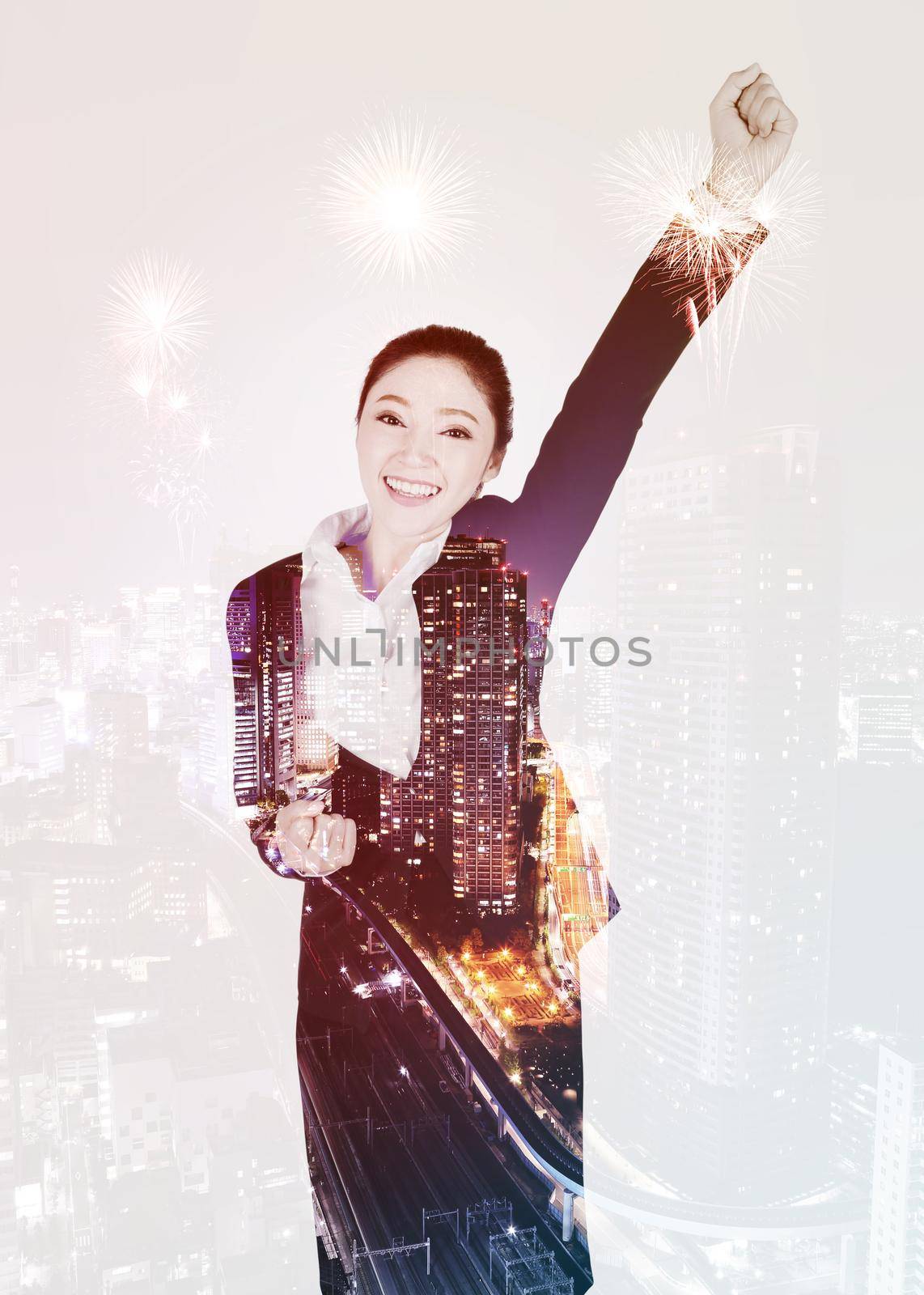 double exposure of success business woman with city firework background by geargodz