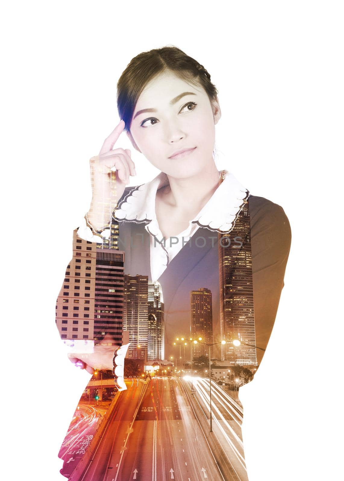 Double exposure of business woman thinking against the city isolated on white background