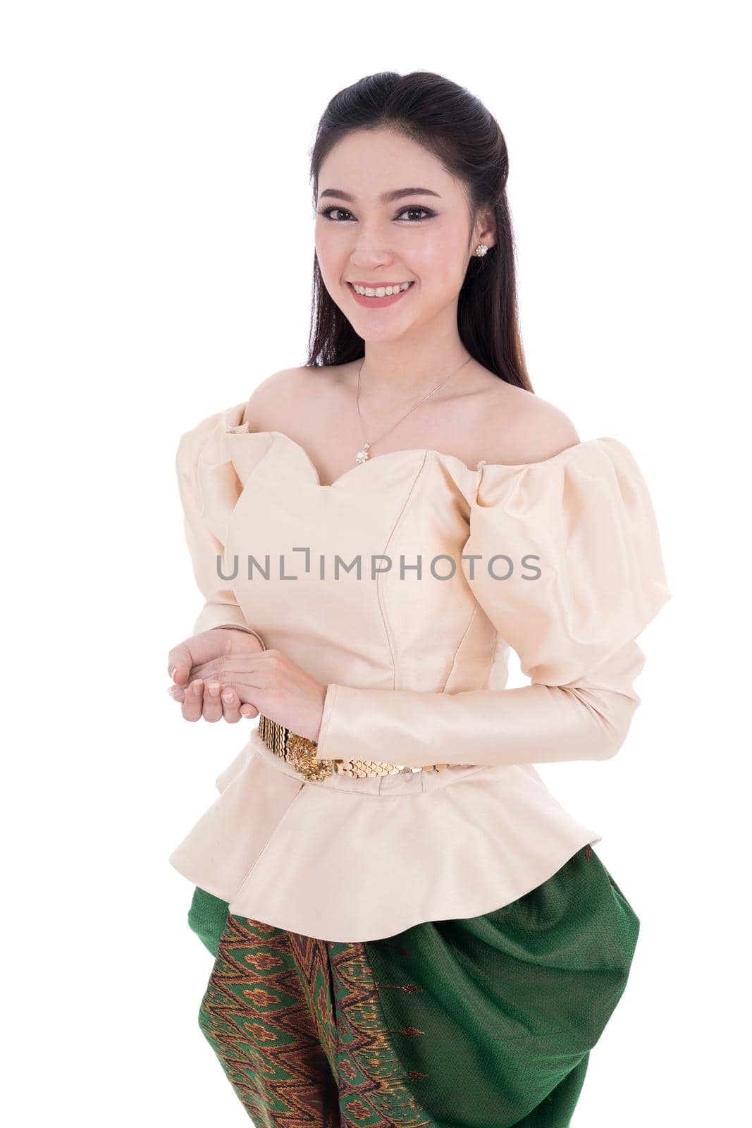 happy beautiful woman in Thai traditional dress isolated on white background