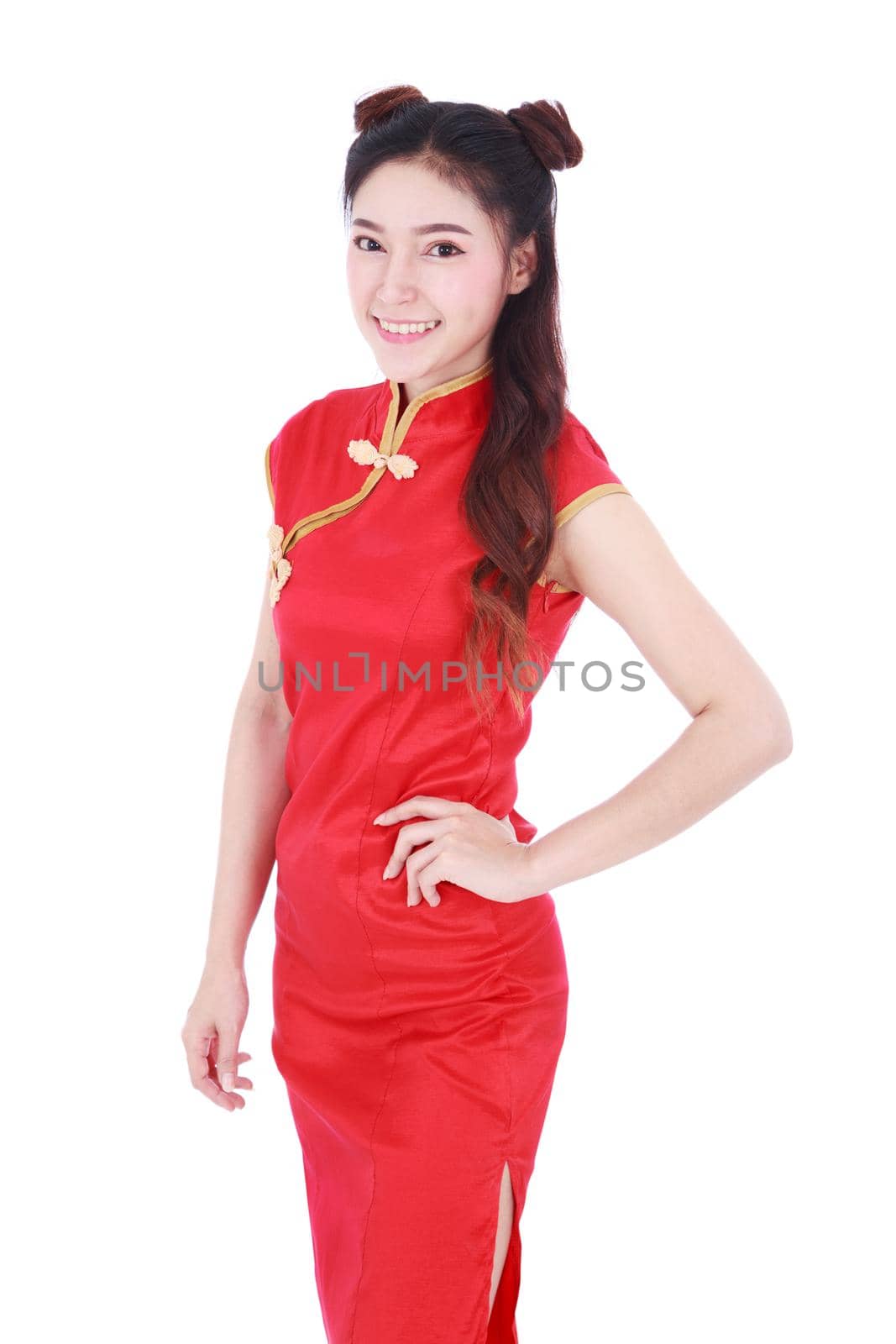 woman wear red cheongsam in concept of happy chinese new year isolated on white background by geargodz
