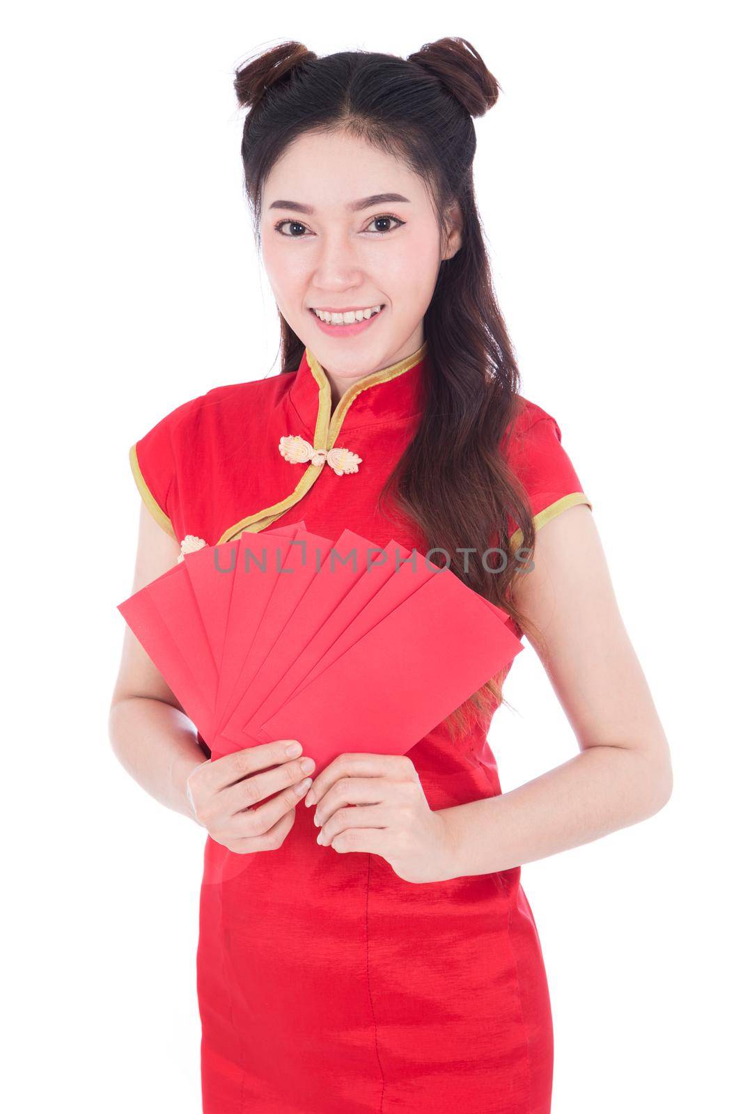 woman wear cheongsam and holding red envelope in concept of happy chinese new year isolated on white background by geargodz