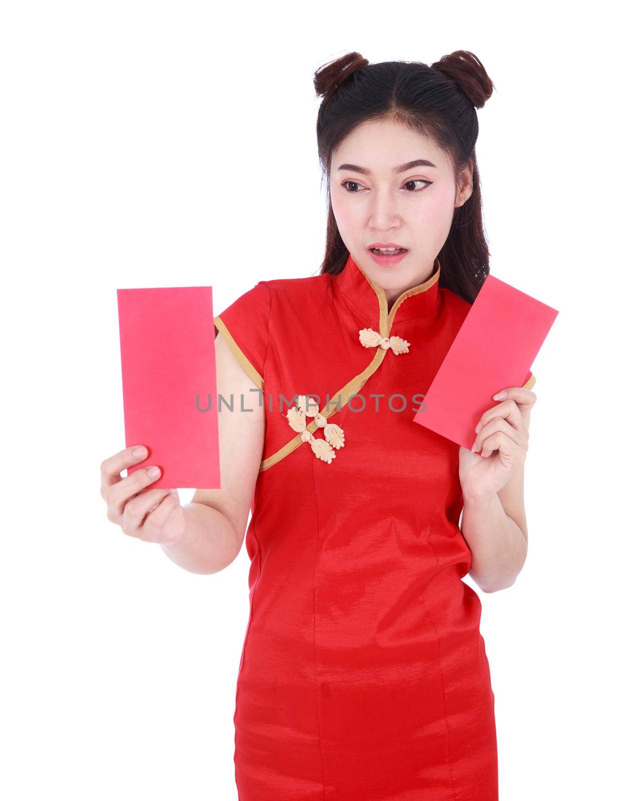 woman wear cheongsam and holding red envelope in concept of happy chinese new year isolated on white background by geargodz