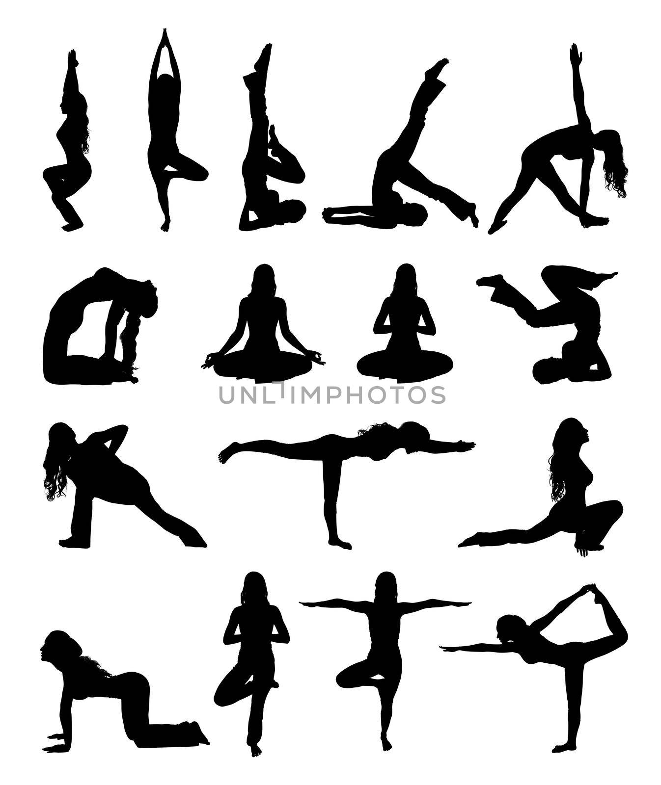 set of sihouette woman doing yoga exercise isolated on white background