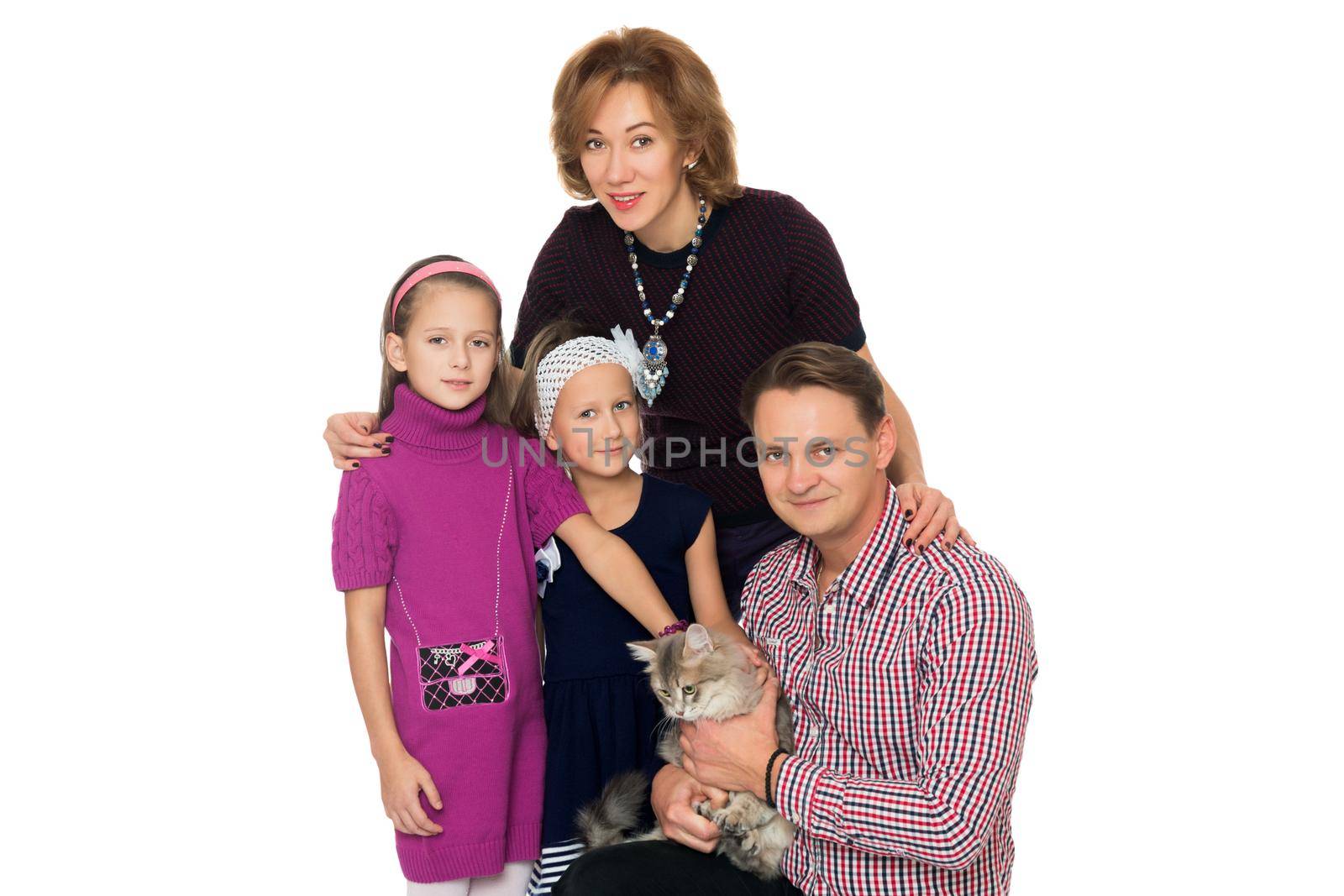 Children with parents Pat beautiful, big , fluffy Siberian cat - Isolated on white background