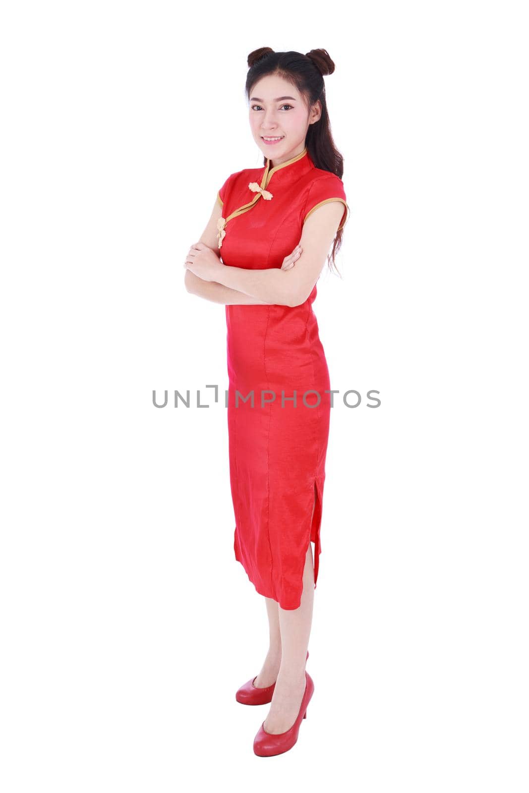 woman wear red cheongsam in concept of happy chinese new year isolated on white background by geargodz