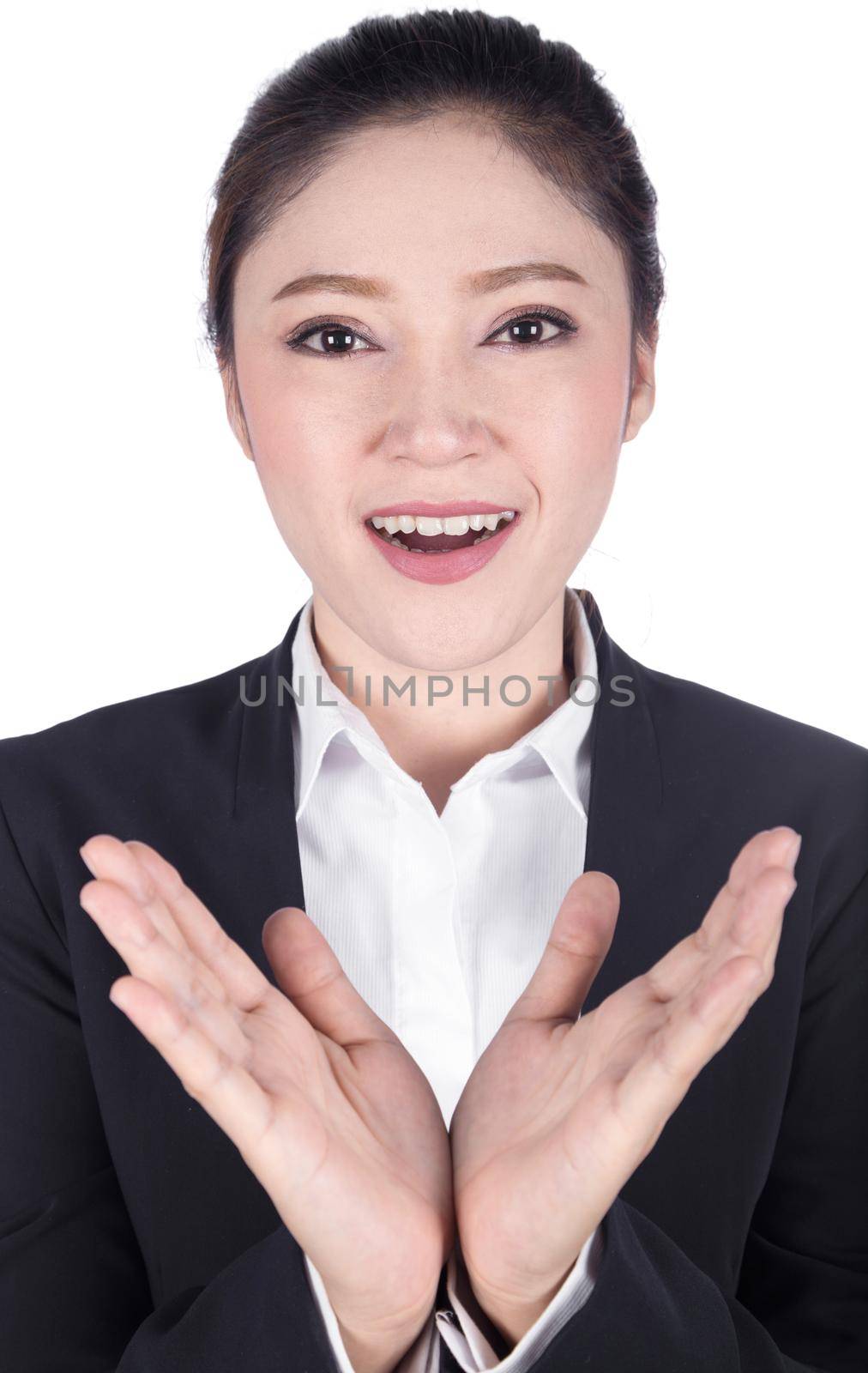 business woman open hand holding something isolated on white background