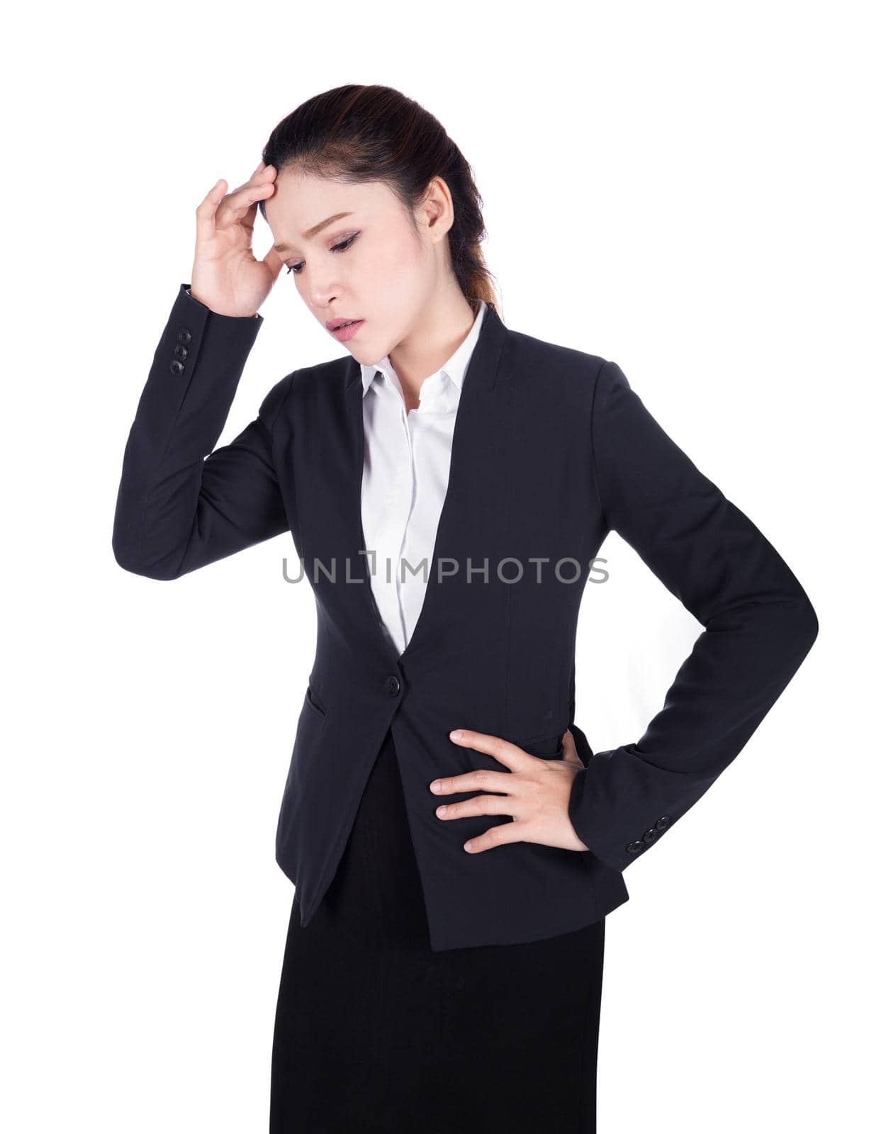 Worried business woman isolated on white background