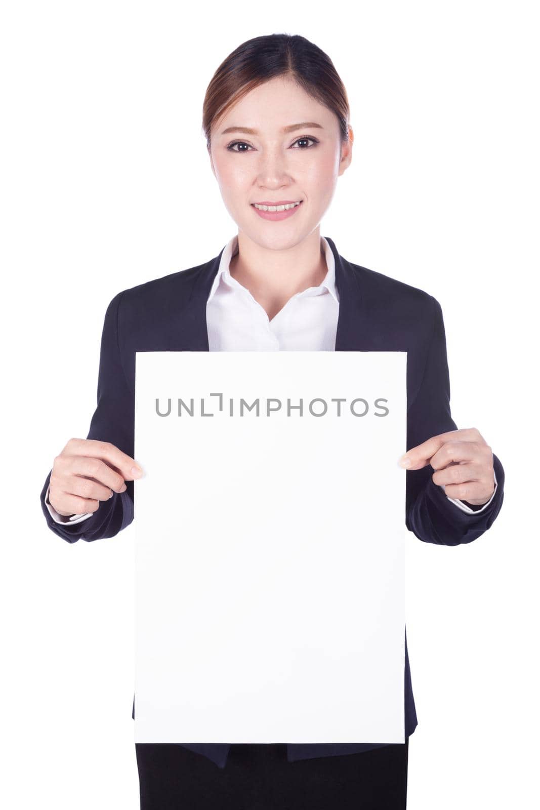 business woman holding a blank paper sheet isolated on white  by geargodz