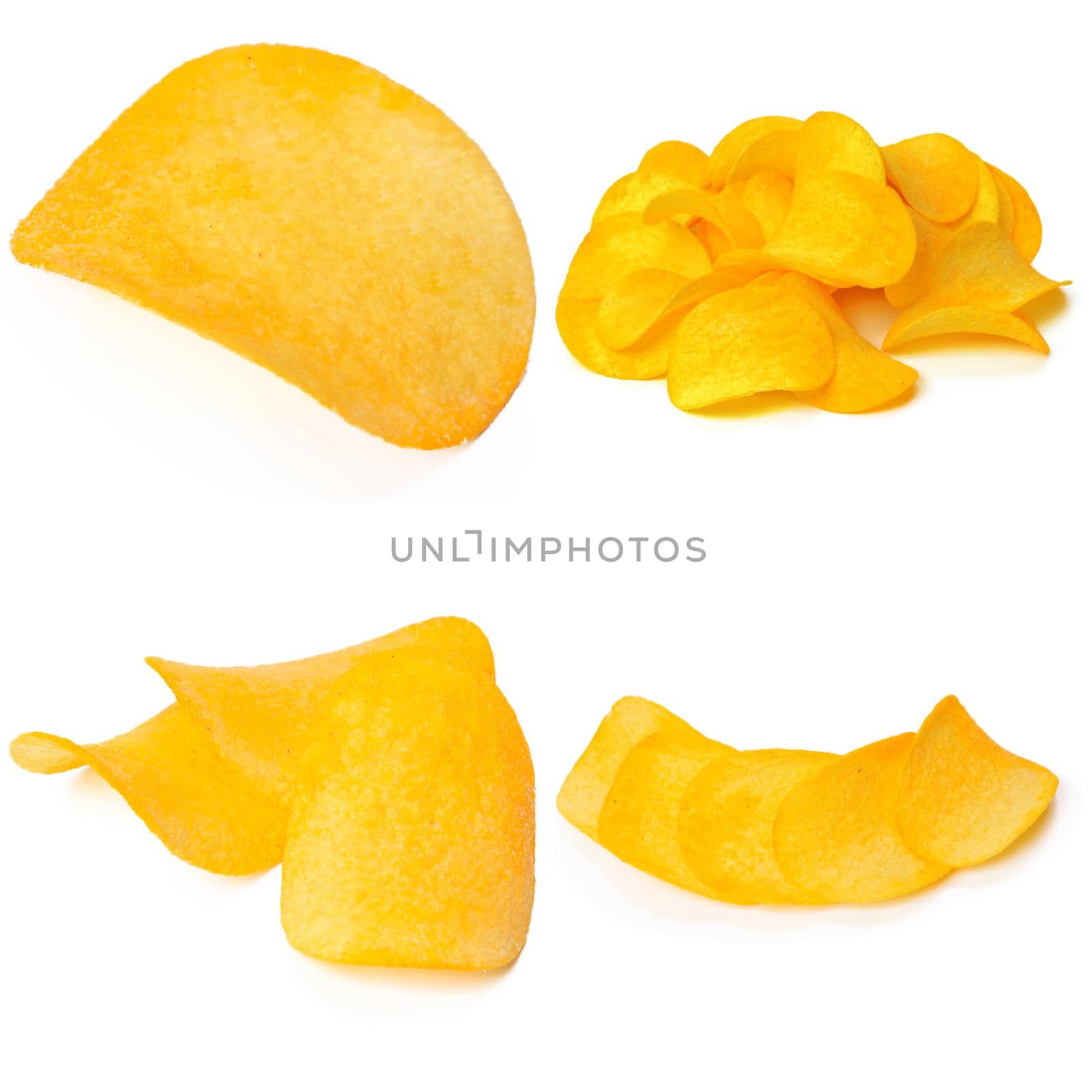 Set of potato chips close-up on an isolated white background