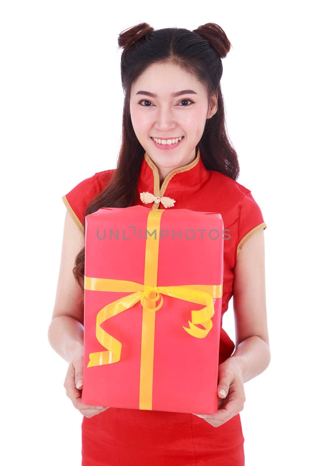young woman holding red gift box in concept of happy chinese new year isolated on a white background