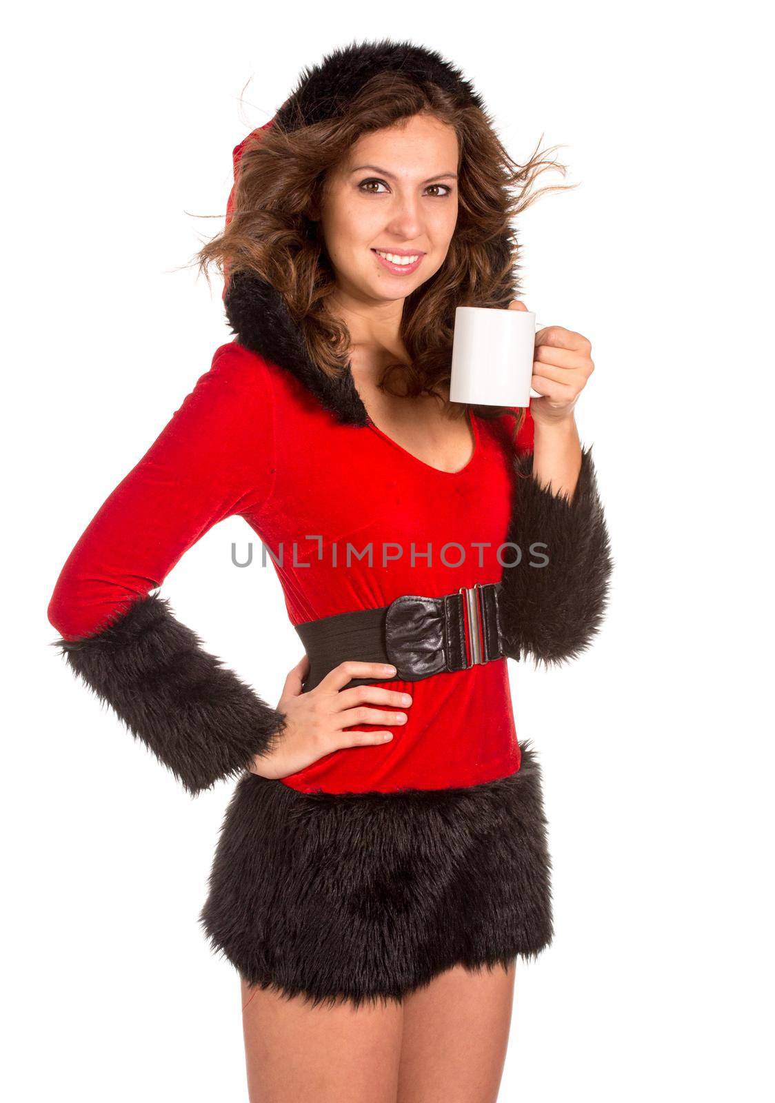 Pretty girl in christmas dress with cup of tea, isolated on white