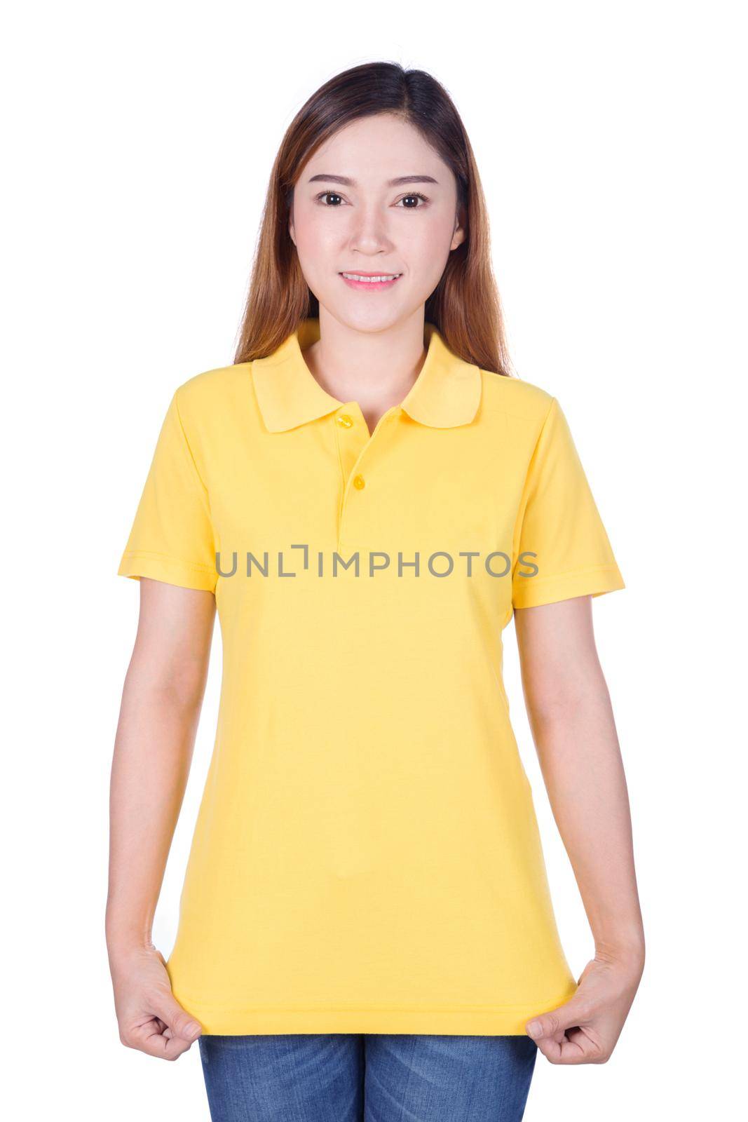 woman in yellow polo shirt isolated on white background by geargodz