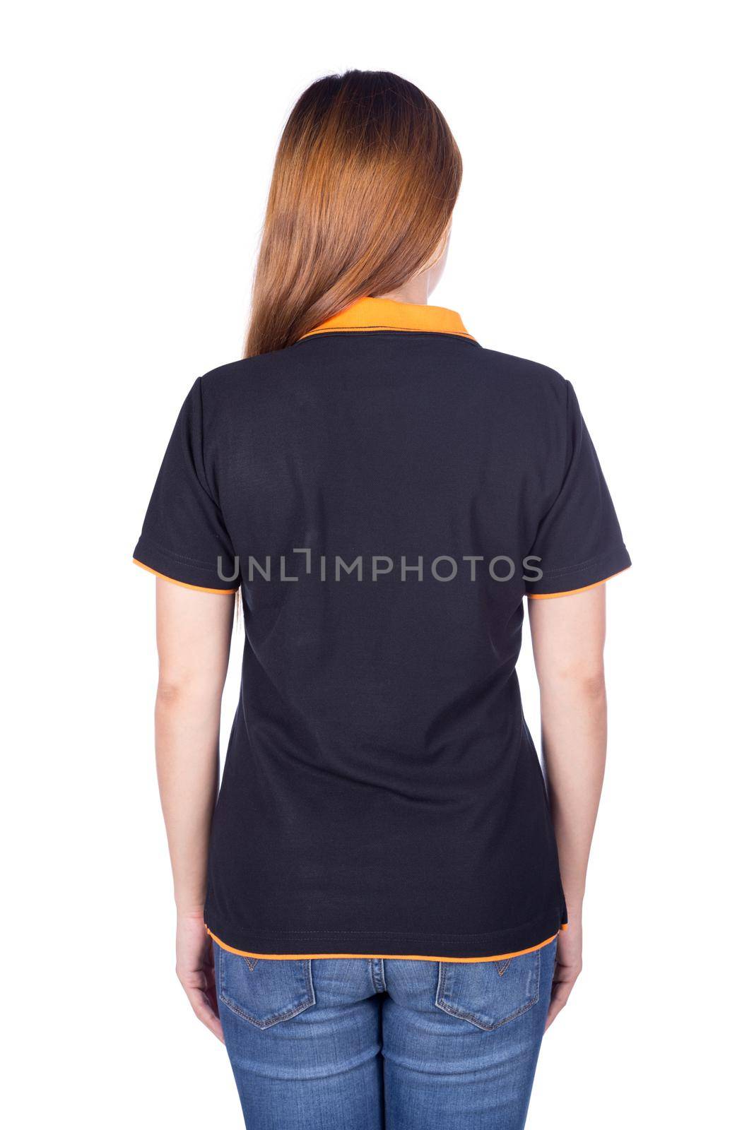 woman in black polo shirt isolated on white background (back side) by geargodz
