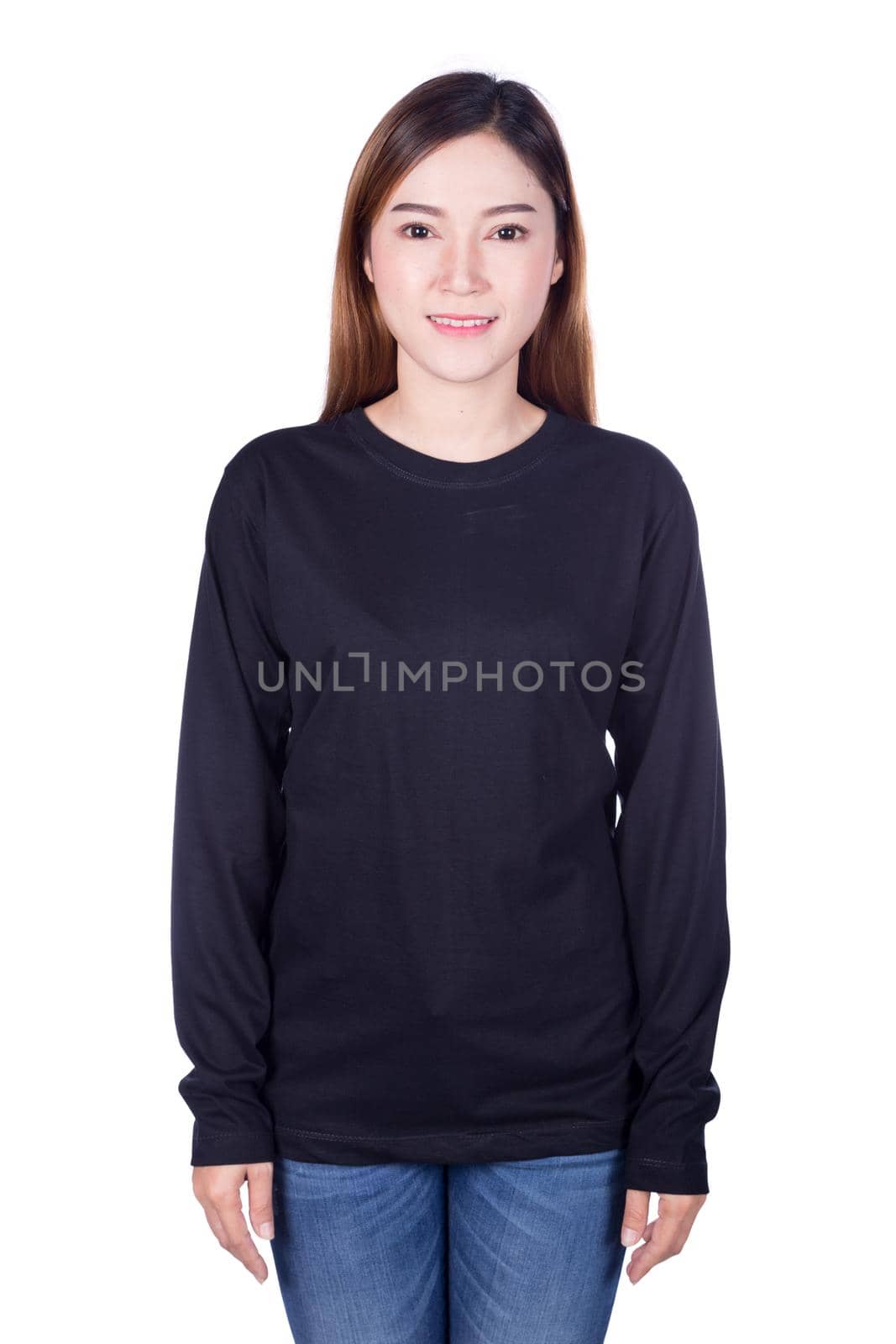 woman in black long sleeve t-shirt isolated on a white background by geargodz