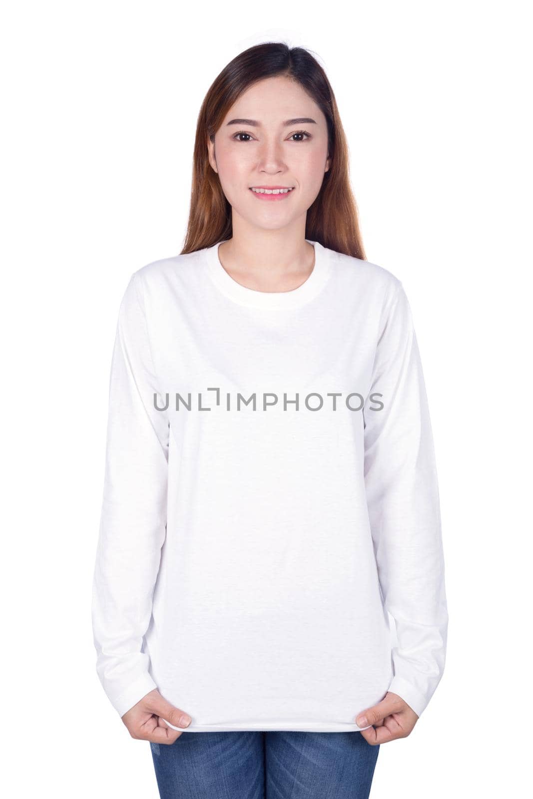 happy woman in white long sleeve t-shirt isolated on a white background by geargodz