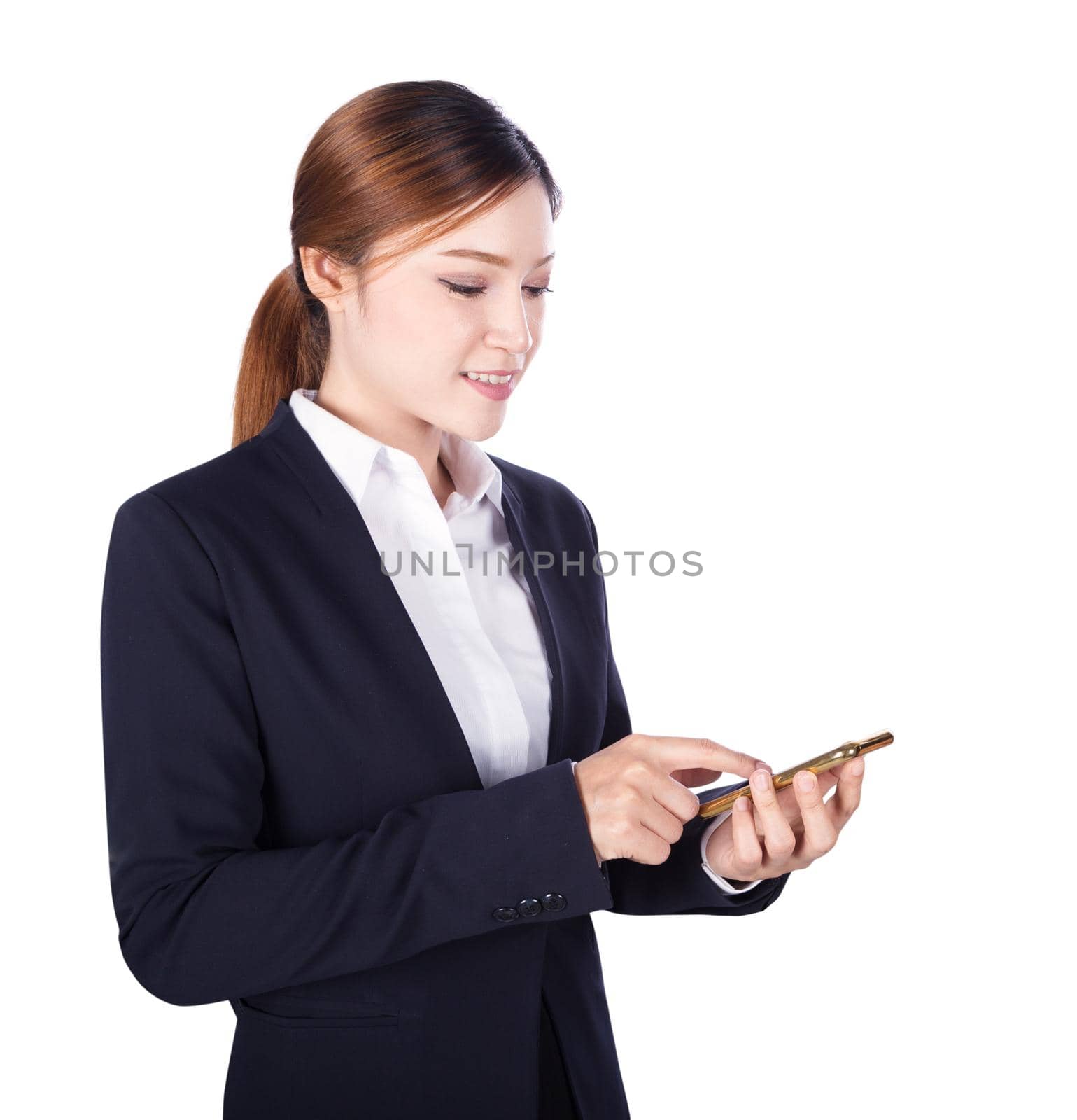 business woman using smart phone isolated on white background