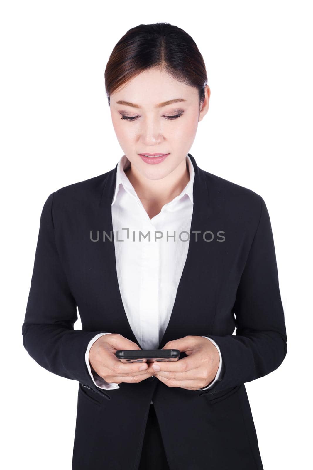 business woman using smart phone isolated on white by geargodz
